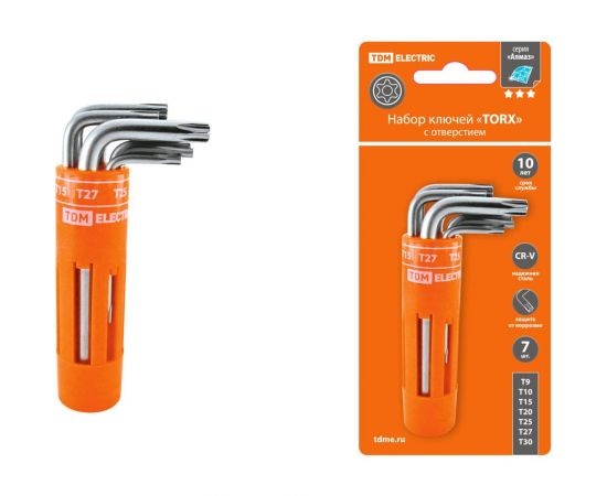 Набор ключей TDM Алмаз TORX с отверстием, 7 шт, T9-T30, CR-V, круглый держатель, в блистере SQ1021-0101 
