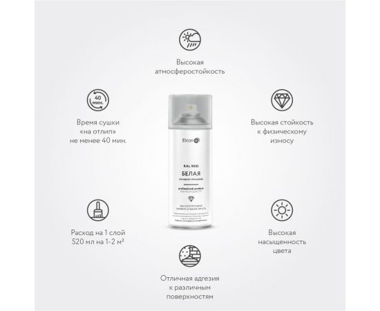 Универсальная алкидная эмаль Elcon ral 9003, белая, глянцевая, аэрозоль, 520 мл 00-00463211 – изображение 2