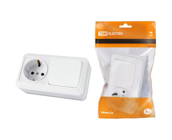 Комбинированный блок TDM выключатель 1-клавишный 10А + розетка 2П+З 16А 250В БКВР IP20 белый Ладога SQ1801-0101 