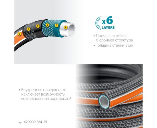 Поливочный шестислойный шланг Grinda Proline ultra 6 3/4"", 25 м, 25 атм, двойное армирование 429009-3/4-25 – изображение 5
