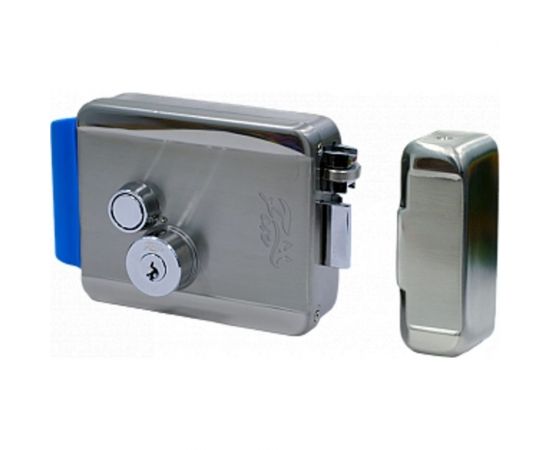 Электромеханический замок FOX накладной, установка внутренняя, левая правая, нержавеющая сталь, блокиреумая кнопка выхода на замке, тип ключа-зубчатый 5-шт. в комплекте, 12в 2а, цвет стальной, 142x105x35. FX-2369 Сталь 