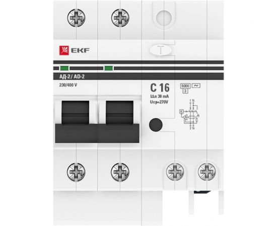 Дифференциальный автомат EKF PROxima АД-2, 16А, 30мА, характеристика C, АС, 270В 6кА DA2-6-16-30-pro – изображение 2