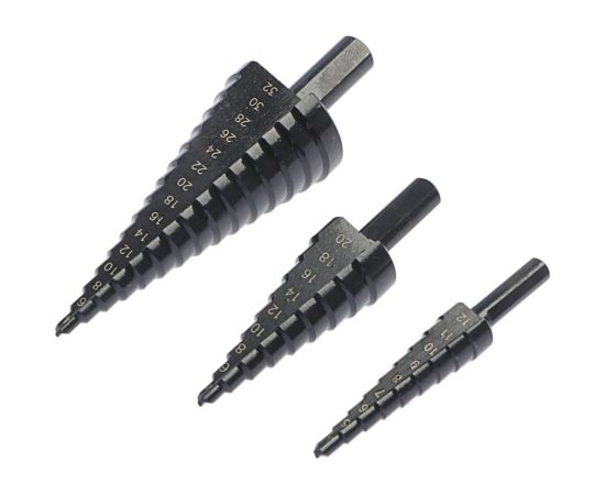 Набор сверл ступенчатых (3 шт; 4-12 мм; 4-20 мм; 4-32 мм; трехгранный хвостовик; HSS) ТУНДРА 4606768 – изображение 2