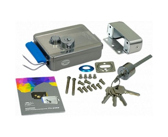 Электромеханический замок FOX накладной, установка внутренняя, левая правая, нержавеющая сталь, блокиреумая кнопка выхода на замке, тип ключа-зубчатый 5-шт. в комплекте, 12в 2а, цвет стальной, 142x105x35. FX-2369 Сталь – изображение 2