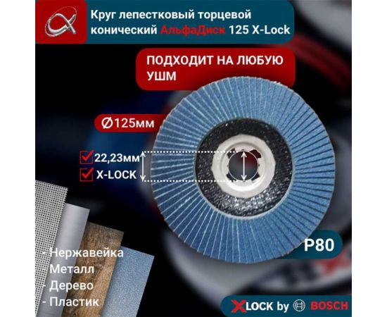 Круг лепестковый торцевой КЛТ Р80, X-lock, 125 мм, конический Альфадиск 5276 – изображение 8