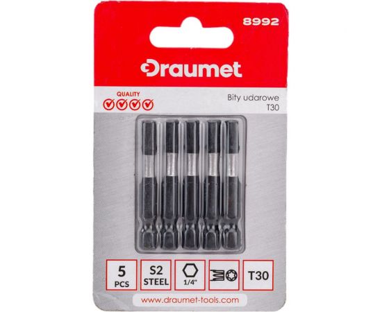 Ударные биты TORX T30, 50 мм, S2, 5 шт DRAUMET 8992 