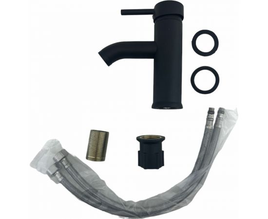 Смеситель для раковины OUTE черный матовый, однорычажное управление, фиксированный излив. Монтаж на одно отверстие, на гайке. Гибкая подводка T721H – изображение 3