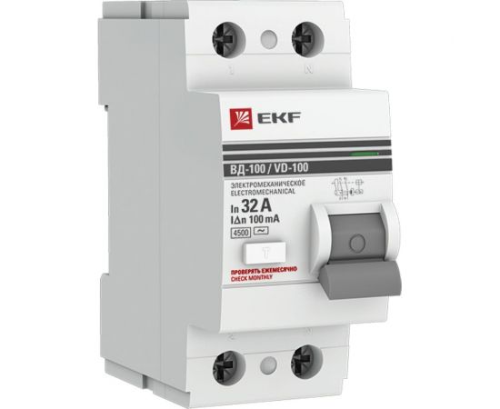 Устройство защитного отключения EKF УЗО ВД-100, 2P, 32А/100мА, PROxima, SQ elcb-2-32-100-em-pro 