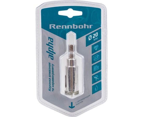 Коронка алмазная с центрирующим сверлом по керамограниту и керамике 20 мм RENNBOHR 676220 
