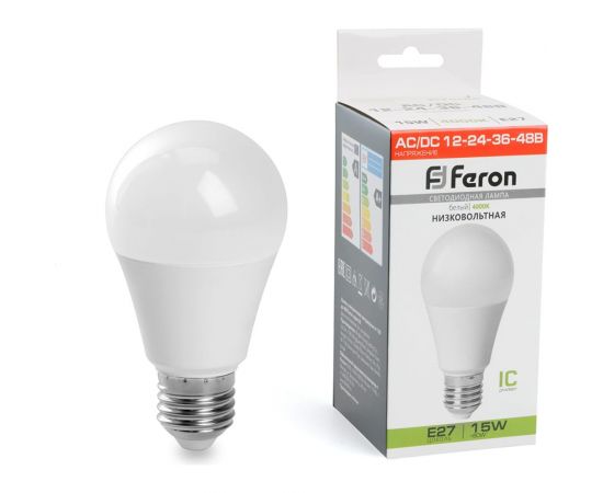 Светодиодная низковольтная лампа FERON (15W) 12-48V E27 4000K A60, LB-19 48730 