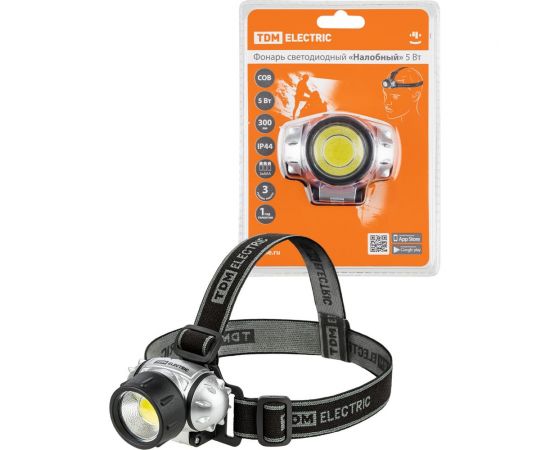Светодиодный фонарь TDM ""Налобный"" 5 Вт COB, 300 лм, батарейки 3хAAA SQ0350-0073 