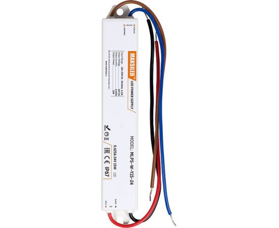 Блок питания MAKSILED для светодиодной ленты 24В, 15Вт, ip67, 0.625А, 162x29x21мм, пластик, MLPS-W-Y15-24 – изображение 2