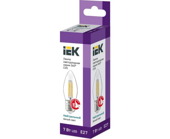 Лампа IEK серия 360, LED, C35, свеча, прозрачная, 7вт, 230В, 4000К, E27 LLF-C35-7-230-40-E27-CL – изображение 2