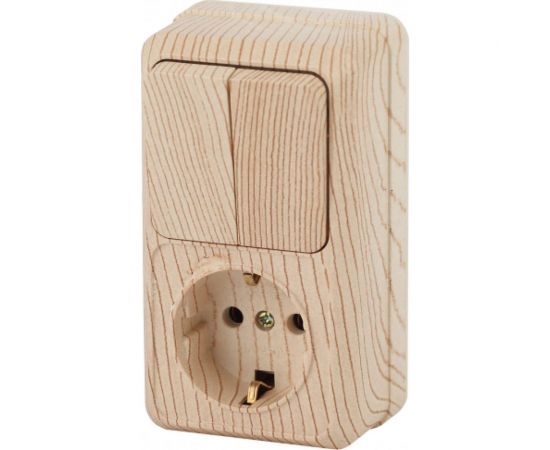 Блок: розетка с 2-ым выключателем Intro Quadro вертикальный 16А-250В, IP20, открытая установка, сосна, Б0053897 