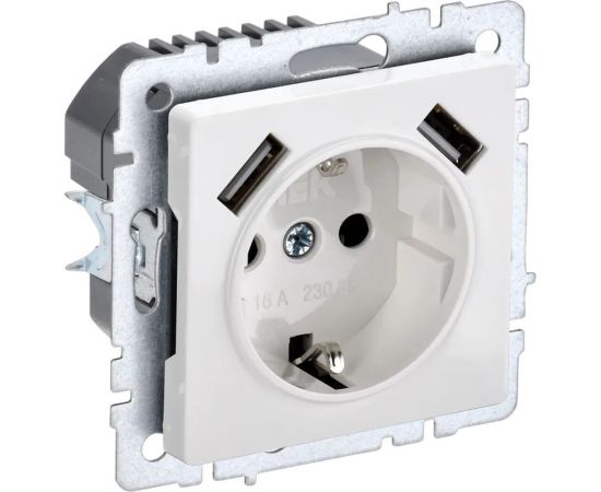 1-местная розетка IEK Brite с заземлением с защитными шторками 16а с usb a+a 5в 2,1а рюш10-1-брб белый BR-R14-16-U21-D21-K01 