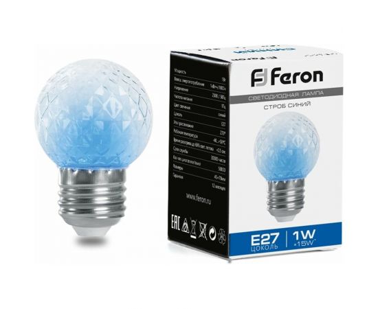 Лампа-строб FERON LB-377 Шарик прозрачный E27 1W синий 38211 