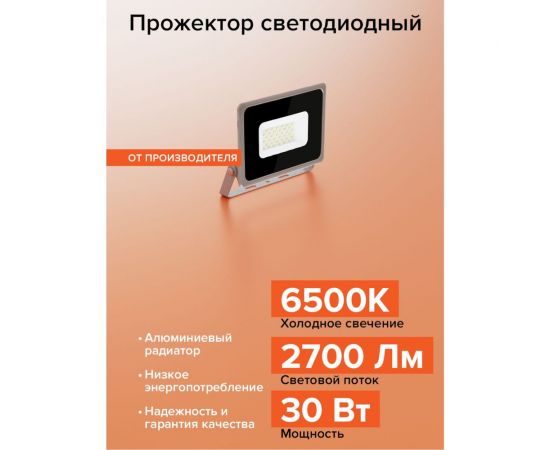 Светодиодный прожектор Wolta 30Вт 6500К Холодный белый свет, IP65, 2700Лм, серый WFL-30W/07 – изображение 2