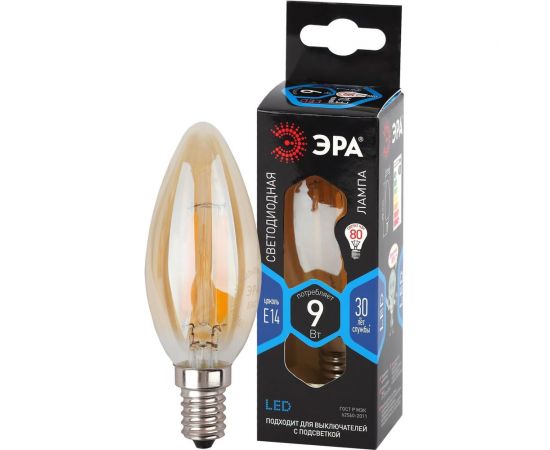Филаментная лампа ЭРА FLED B35-9W-840-E14 gold, свеча золотая, 9 Вт, нейтральная, E14, 10/100/4000 Б0047035 – изображение 3