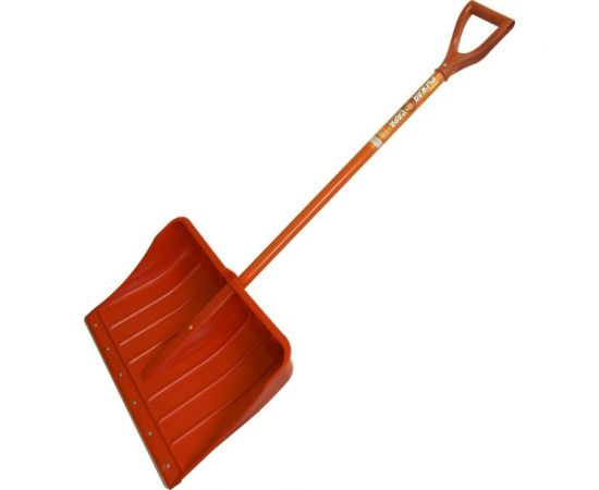 Снеговая лопата ООО ПК Тандем-АГРО Рыжая САРА c алюминиевой планкой и крашеным черенком, V-ручкой, с ребрами жесткости, оранжевый цвет 4670016434876 