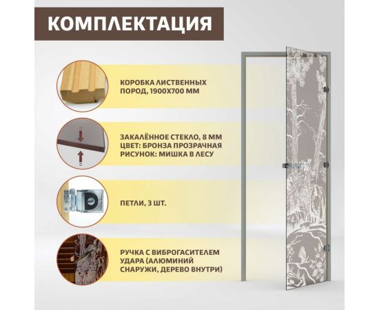 Дверь для бани DoorWood Мишка в лесу бронза, 1900x700 мм, левая DW-00014786 – изображение 8