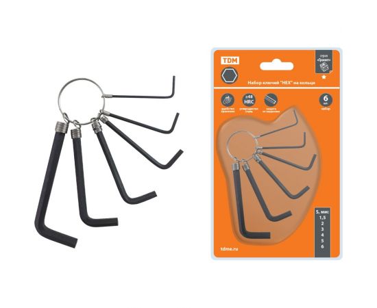 Набор ключей TDM Гранит HEX на кольце 6 шт. 1.5 - 6 мм, углеродистая сталь, блистер SQ1020-0201 