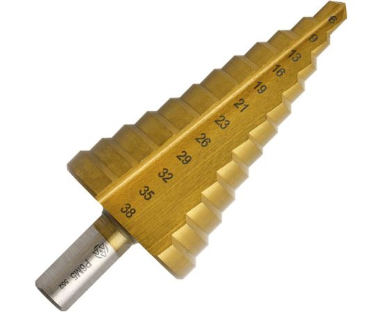 Сверло ступенчатое 6-38 мм, 12 ступеней, Р6М5 нитрид титан Волжский Инструмент 5038007 