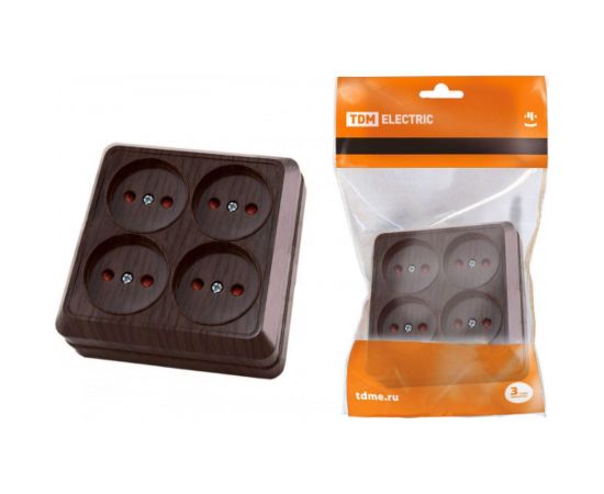 Четырехместная розетка TDM 2П открытой установки IP20 10A с защитными шторками бук Ладога SQ1801-0321 