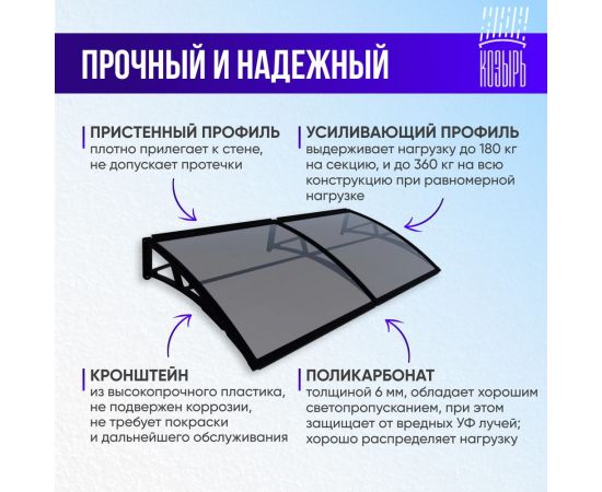 Защитный козырек (навес) ВПМ усиленный профиль, двойной, коричневый, поликарбонат сотовый темный, 6 мм 6191295 – изображение 3