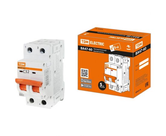 Автоматический выключатель TDM ВА47-60 2Р 32А 6кА характеристика С SQ0223-0096 