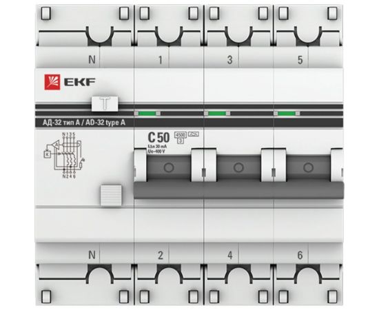 Дифференциальный автомат EKF PROxima АД-32 тип А, 3P+N, 50А/30мА, SQ DA32-50-30-4P-a-pro – изображение 2