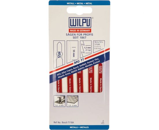 Пилка по металлу MG 11 (5 шт; 76.5х7.8х1 мм; 55 мм; 21 TPI; HSS) WILPU 255000005 – изображение 2