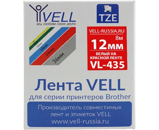 Лента Vell VL-435 Brother TZE-435, 12 мм, белый на красном, для PT 1010/1280/D200/H105/E100 320081 – изображение 2