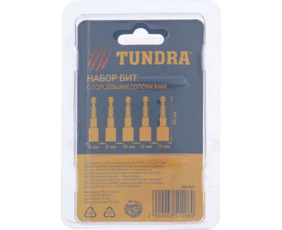 Набор бит с торцевыми головками (5 шт; 6-8-10-12-13х65 мм; CrV; магнитные) ТУНДРА 6851406 – изображение 2