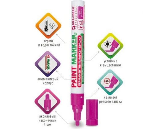 Лаковый маркер-краска BRAUBERG paint marker 4 мм, розовый, без ксилола, без запаха 151436 – изображение 3