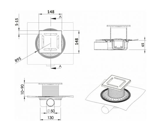 Напольный трап водосток BERGES ZENTRUM Uno 150х150, D50 мм 090372 – изображение 4