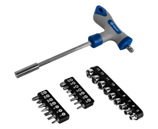 Т-образная отверточная рукоятка КОБАЛЬТ с набором бит и торцевых головок 245-473 