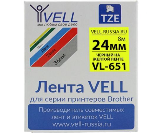 Лента Vell VL-651 Brother TZE-651, 24 мм, черный на желтом, для PT D600/2700/P700/P750 320053 – изображение 2