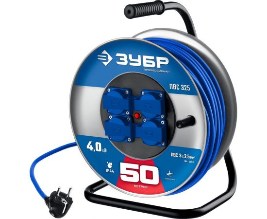 Силовой удлинитель ПВС ЗУБР на стальной катушке 3x2.5 50м 55102-50 