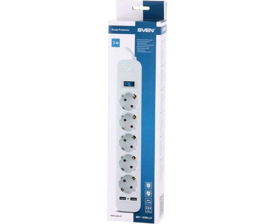 Фильтр SVEN SF-05LU 3,0 м (5 евро розеток,2 USB) белый, цветная коробка SV-017415 – изображение 5