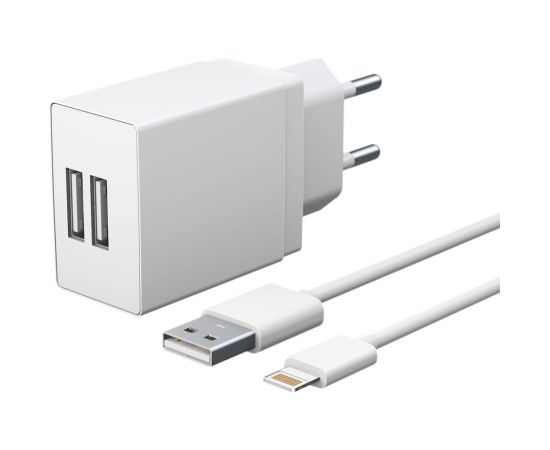 Универсальное сетевое зарядное устройство AKAI CH-6A18 2 USB 2.1A + дата-кабель 8-PIN, белый CH-6A18W 