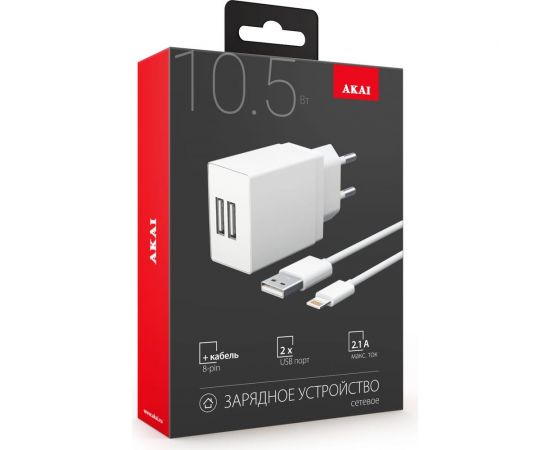Универсальное сетевое зарядное устройство AKAI CH-6A18 2 USB 2.1A + дата-кабель 8-PIN, белый CH-6A18W – изображение 2