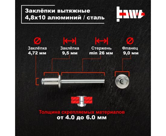 Вытяжные заклепки BOWT алюминий-сталь 4,8x10 100 шт A03054 – изображение 3