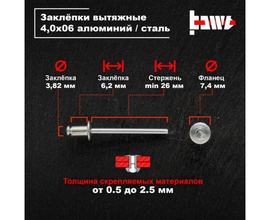 Вытяжные заклепки BOWT алюминий-сталь 4,0x6 200 шт A03033 – изображение 3