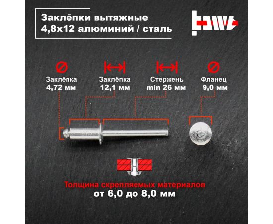 Вытяжные заклепки BOWT алюминий-сталь 4,8x12 50 шт A03085 – изображение 3