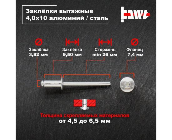 Вытяжные заклепки BOWT алюминий-сталь 4,0x10 100 шт A03071 – изображение 3