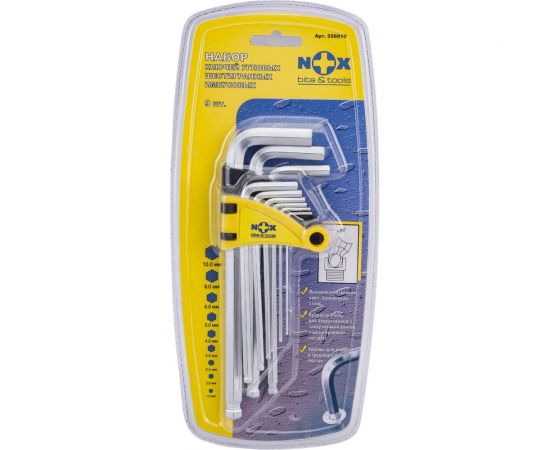 Набор ключей Nox угловых шестигранных имбусовых 9 шт. 1,5-10мм средн. длины, хром-ван. сталь 556910 