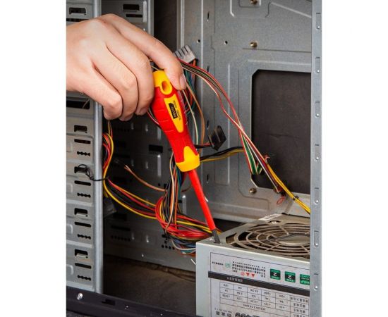 Диэлектрическая крестовая отвертка DELI dl514080 ph1x80мм сертификат vde до 1000в, магнитный наконечник, сталь cr-v, рукоять pp+tpr 110591 – изображение 2