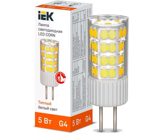 Светодиодная лампа IEK corn капсула 5вт 230в 3000к керамика g4 LLE-CORN-5-230-30-G4 