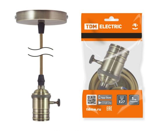 Патрон TDM Е27 с выключателем с подвесом 1 м, металлический ""Лофт"", бронза SQ0335-0074 