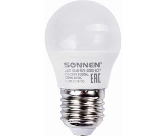 Светодиодная лампа SONNEN 5Вт, цоколь E27, шар, холодный белый свет, LED G45-5W-4000-E27, 453700 
